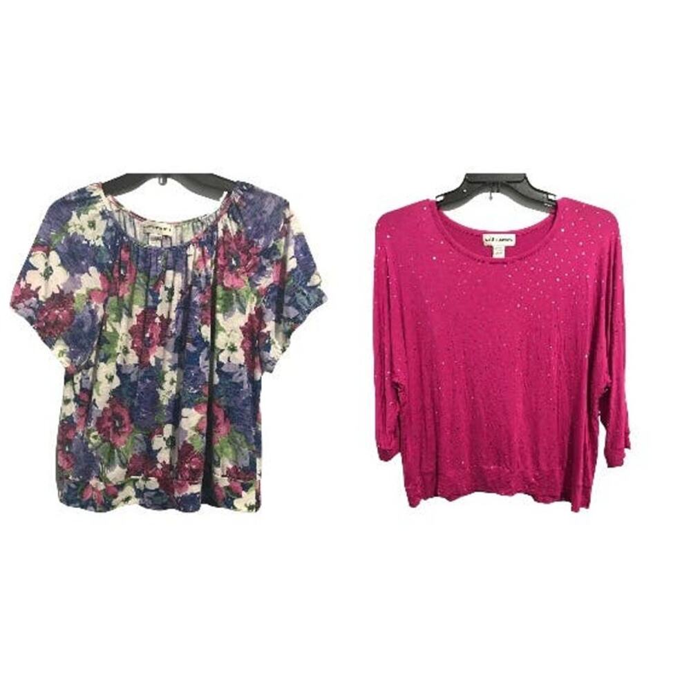 Cathy Daniels Womens Size 1X Knit Top Lot of 2 Floral Sequins Purple Pink White